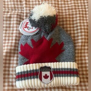 Gray and Red Kids Pom-Pom Beanie